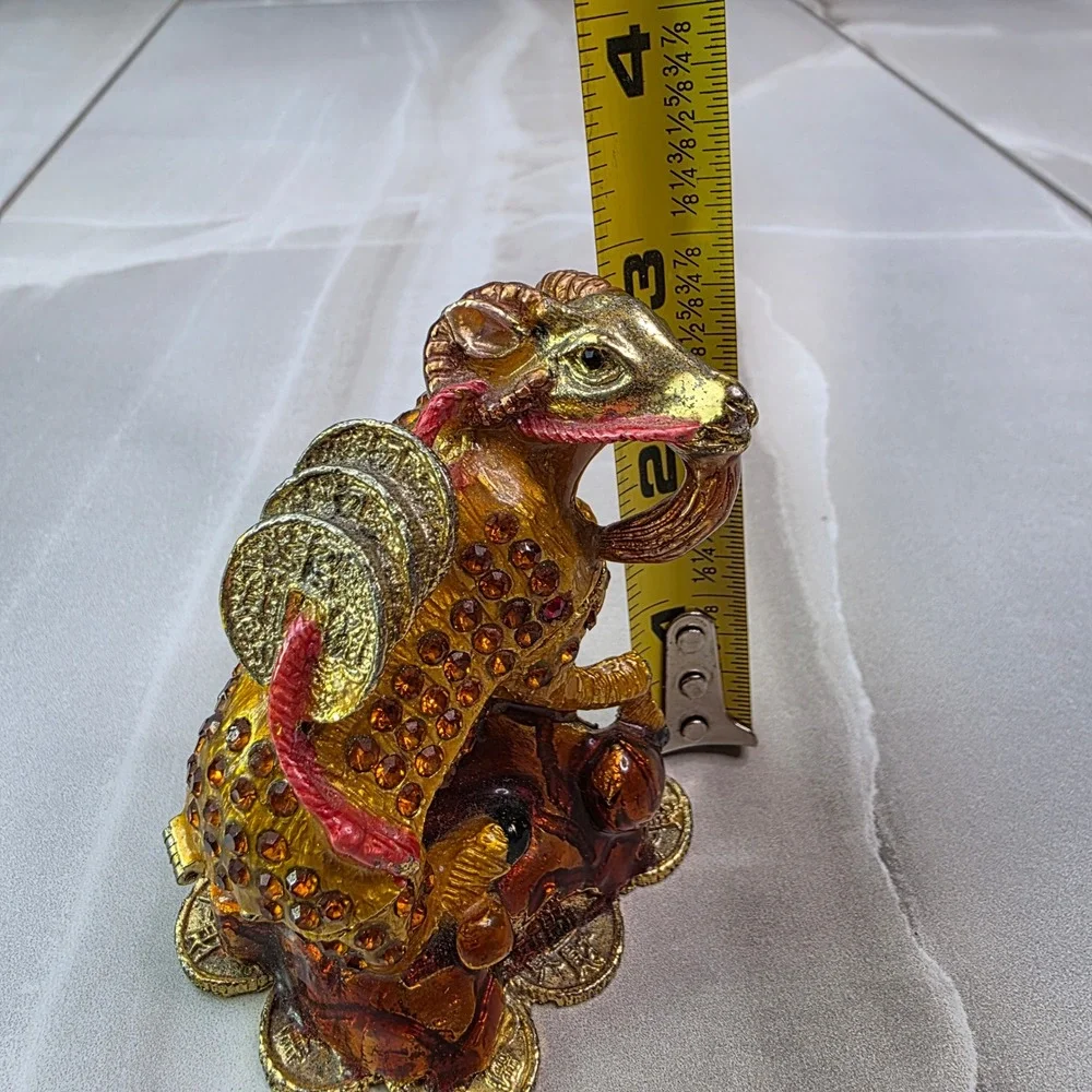 Chinese Zodiac Ram Goat Trinket Box Enamel Crystal Prosperity Figurine 3.25
